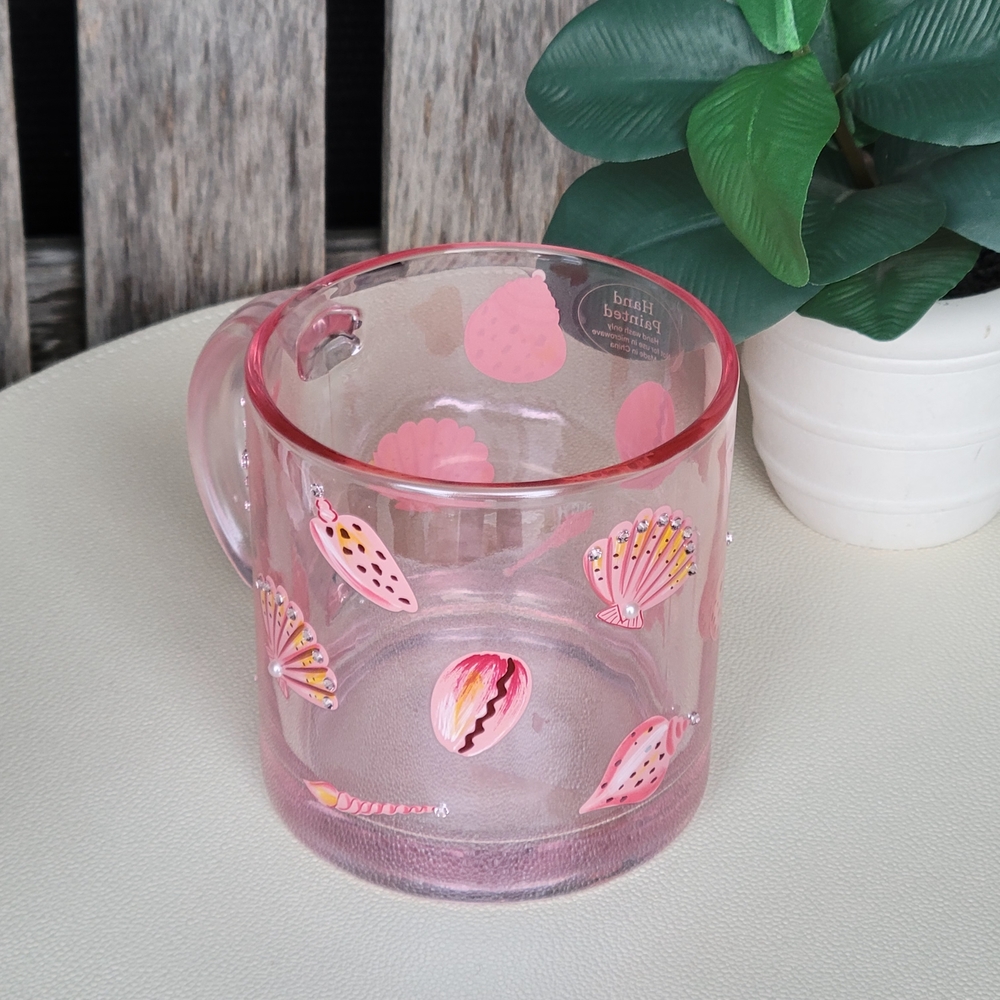 Seashells & Rhinestones Handpainted Pink Transparent Glass Mug - Picture 5 of 11